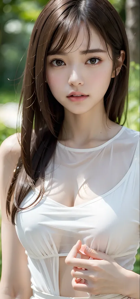 1womanl, up of face, mideum breasts, light brown hair, Blunt bangs, hair behind ear, hair over shoulder, Long hair, slender body shape, Ultra Fine Face, Thin face, Delicate lips, Beautiful eyes, thin blush, eyes are light brown, perfect glossy skin, flawle...