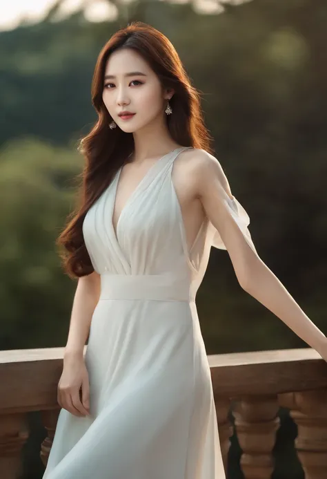 Realistic photo of (1 cute Korean actress) long straight hair, thin makeup, medium breasts, long dress, close up, Canon EOS clear facial features 8K high resolution, sharp detail, realistically