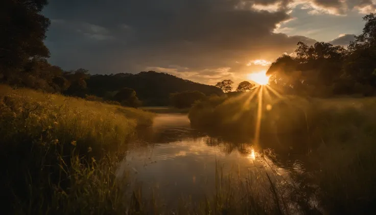 Foto RAW de um grande leao, pequenos detalhes, fotorrealista, foto ultrarrealista, 8k uhd, dslr, soft-lighting, por do sol,  , Papel de parede, 夏天, lago, amanhecer, floresta, nuvens, fundo do amanhecer, profundidade de campo, detalhe HD, hiperdetalhe, cine...