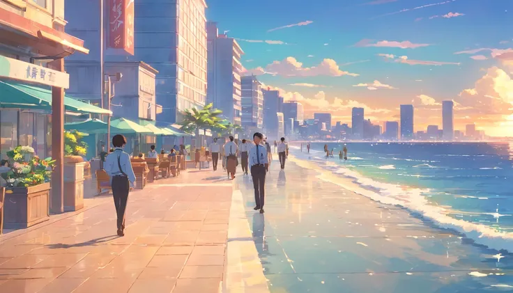 In the refreshing seaside square by the sea，Next to the seafront promenade，A team of security guards is on patrol。They are reflected in the calm waters。In the distance, Modern tall buildings stand。