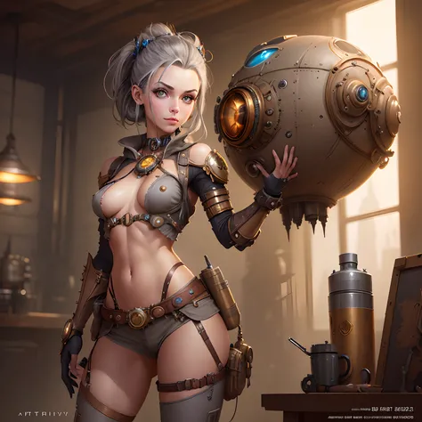 There is a girl in a Steam Punk costume standing in a room, American shot, anime Steampunk beautiful girl, ((Light Gray Eyes)), (Small Breast), (Small Hips), (Looking at Camera) steampunk fantasy style , Wojtek FUS, vivid steampunk concept, Steampunk Conce...