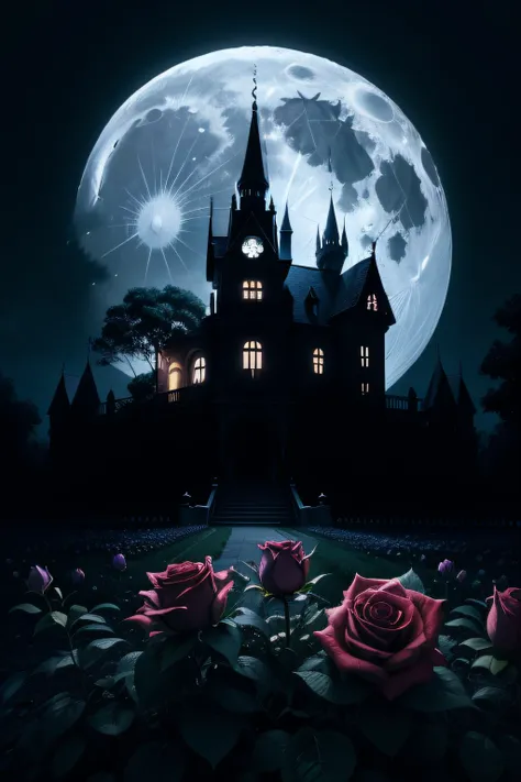 haunted mansion full moon night with rose garden