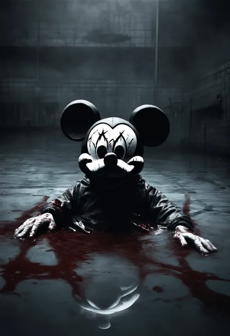 A murdered mickey mouse laying in a pool od blood