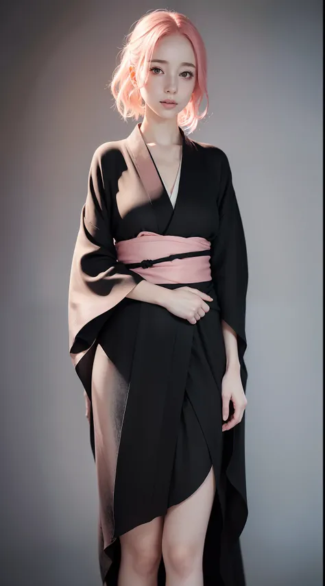 dynamic pose,1girl,pale skin,pink hair,delicate face,freckles,(black linen kimono:1.3),one hand inside kimono,(wide thigh gap:1.3)(white background),(best quality:1.2,ultra-detailed,realistic:1.37),full body portrait,soft colors,polished lighting