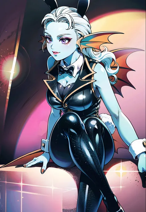 8K, high definition, animated, married, clean, bright, eye highlights, sexy, erotic, beautiful line drawing.
Light blue skin, blue and orange gradient ear fins, bunny girl, dressed in bunny suit, black bunny suit, netted legs, fine netted tights depiction,...