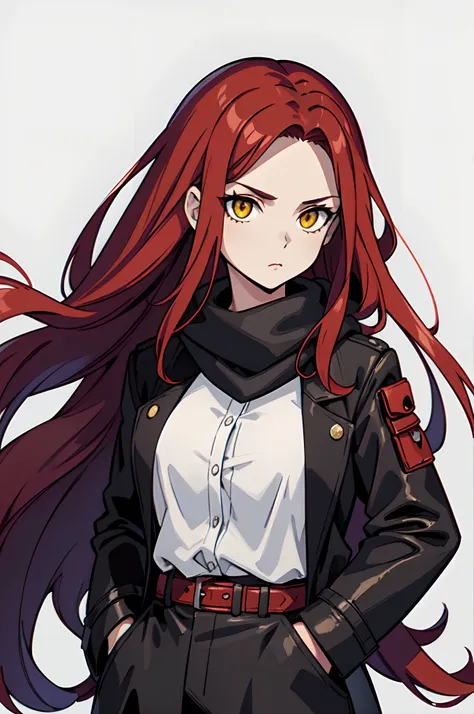 1girl, solo, scarlet red hair, long hair, big hair, forehead, yellow eyes, medium breasts, neutral, shaded face, (hands on pockets:1.2), black mysterious clothes, jacket, scarf, leather clothes, belt, looking at viewer, white background, simple background,...