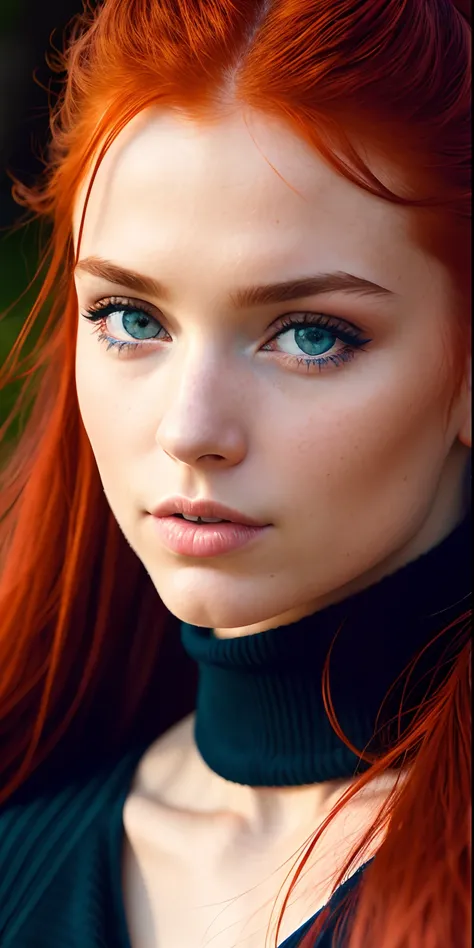 Woman with red hair and 2 ponytails and blue eyes posing for photo, soft portrait shot 8 k, shot with Canon EOS R 5, photographed in a Canon EOS R5, Soft lighting and focus, 8k artgerm bokeh, portrait of a beautiful model, Rich Colors Hyper-Realistic Textu...