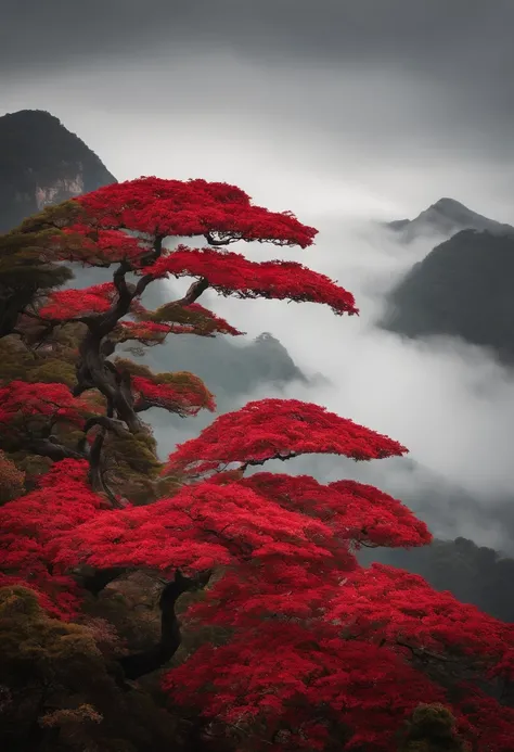 a red leaf tree with a sign that says bonsai syrup, bonsai, feito de bonsai, inspirado em Yoshida Hanbei,inspired by Óscar Domínguez, Arte conceitual 2022, fundo branco