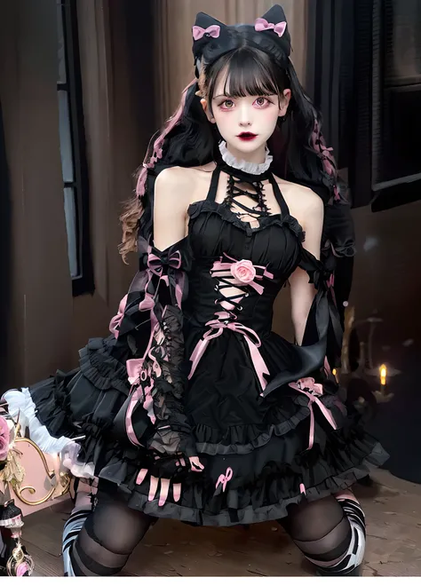 Allalin in a black and pink dress with cat ears, black gothic lolita dress, wearing a gothic dress, an elegant gothic princess, rococo ruffles dress, Glamorous goth dress, victorian gothic lolita fashion, gothic outfit, Gothic Maiden anime girl, fantasy ou...