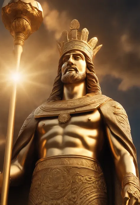 huge full body gold statue of a king of Babylon touching the clouds in the midst of Babylonian biblical times, highly detailed, concept art, soft sharp focus, dramatic lighting, highly detailed artwork, cinematic, 8k, amazing shadows (highly detailed backg...