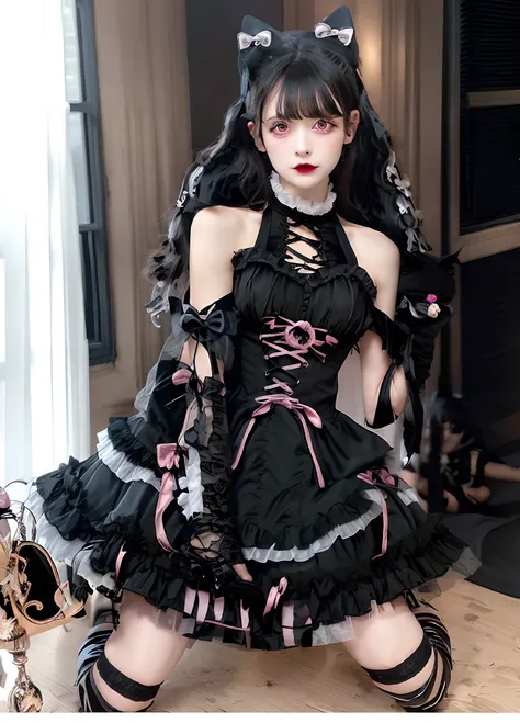 Allalin in a black and pink dress with cat ears, black gothic lolita dress, wearing a gothic dress, an elegant gothic princess, rococo ruffles dress, Glamorous goth dress, victorian gothic lolita fashion, gothic outfit, Gothic Maiden anime girl, fantasy ou...