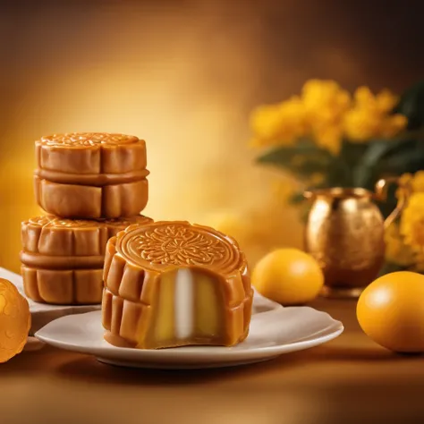 Commercial Shooting, Cantonese egg yolk mooncake, Mooncake size, poster for, Fresh style background, Elegant, Booth Lighting, Attractive, Photorealistic colors, Ultra HD