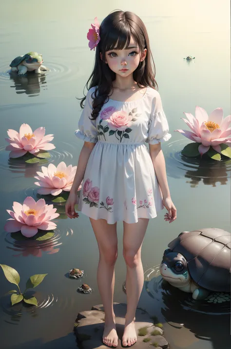 Girl vs、single flower、Standing Picture、Full body painting、looks nice、aquarelle、Cute Baby Turtle、illustratio、8K分辨率