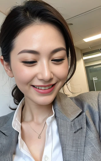 masterpiece,best quality, (1 milf), ((close up:1)), ((cross arms)), glare, gray blazer, white shirt, Clothes with big Cleavage View, double eyelid, eyelash, lip gloss, (smile:1), ((close eyes:0.85)), ((open mouth:1, point to own chest:1)), ((Looking at Vie...