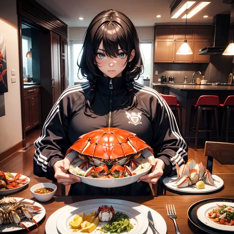 Best quality，tmasterpiece，On the table was an oversized crab，Huge crabs make up two-thirds of a persons size，Equal proportions，Beutiful women，Dark tracksuit，Eating crabs，depth of fields，sofe，Modern apartment inside，Private family home