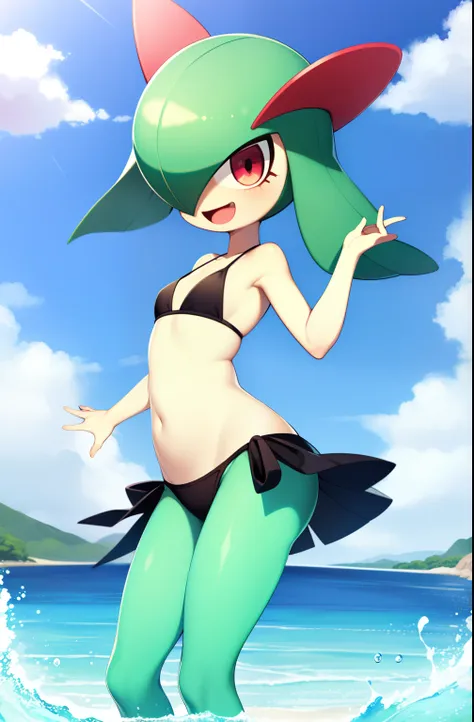 obra maestra, mejor calidad, 1 girl in, solo, kirlia, cabello azul, shiny kirlia, ojos rojos, en un yate, riendo, bikini, bikini...