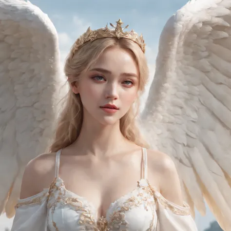 masterpiece, best quality, realistic, 8k, Wearing a crown on the head、Young and Beautiful、Flying in the sky、Breasts are big and sexy、blond hair, blue eyes, At Fed Necklace with Wings, wearing white elegant dress, angelic wings on her back, Beautiful Angel,...