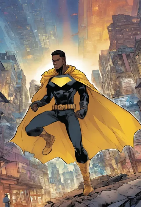 um adolescente de 15 anos com cabelos azuis e olhos negros, wears a black superhero outfit resembling a spy uniform with a tattered yellow cape, An aura of shadows appears behind him, Hes with his back to a building and is watching a city in ruins, anime, ...