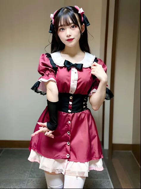 Close up portrait of woman in black and pink dress, maid clothes, gorgeous maid, maid dress, sakimichan, anime girls in maid costumes, wearing a maid outfit, Lolita style, JK Uniform, japanese maid cafe, Maid costume, Belle Delphine, cosplay of a catboy! m...