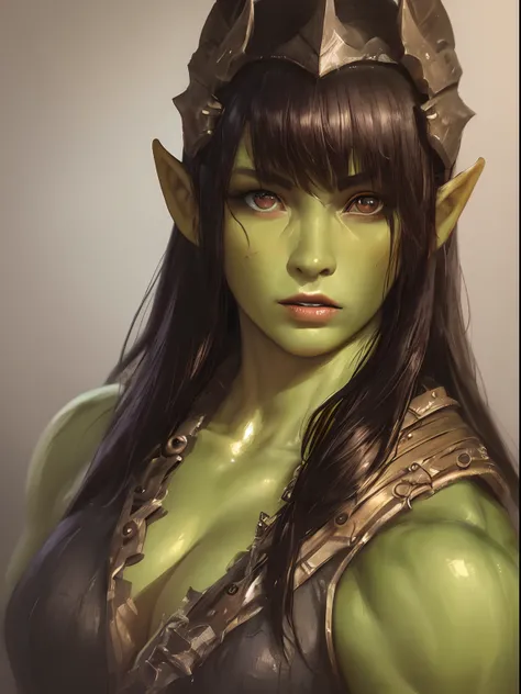 (realistic, painting_style), young, muscular female, solo, orc, green skin, barbarian, armor, black hair, long hair, (muscular body), masterpiece, best quality, portrait, realistic eyes, looking_at_viewer,