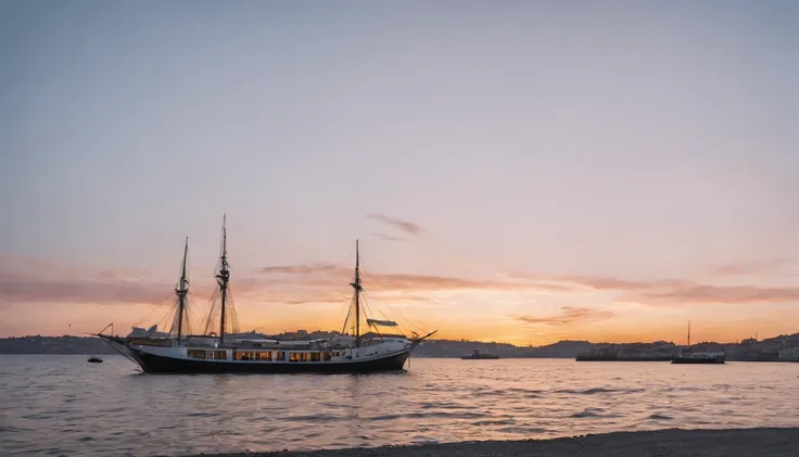 cinematic portrayal, cais de um porto, navios atracados, fim de tarde, clear sky