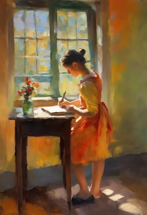 Girl writing in notebook by the window in classroom、soio