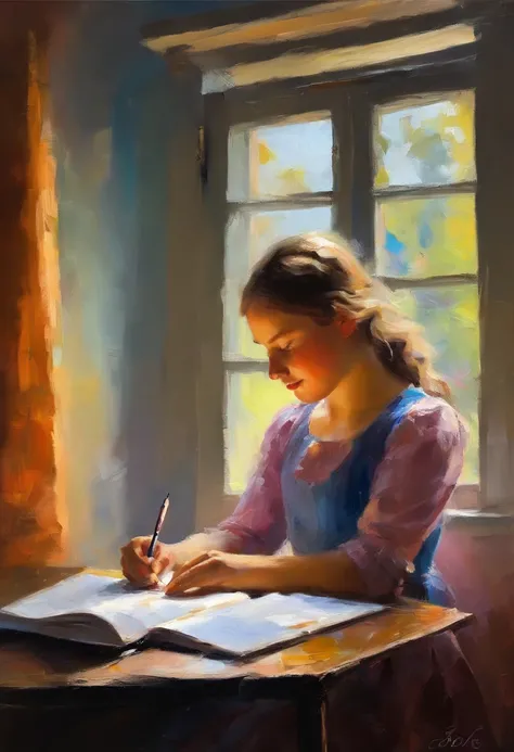 Girl writing in notebook by the window in classroom、soio