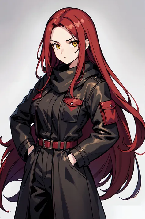 1girl, solo, scarlet red hair, long hair, big hair, forehead, yellow eyes, medium breasts, neutral, shaded face, (hands on pockets:1.2), black mysterious clothes, coat, scarf, pants, leather clothes, belt, looking at viewer, white background, simple backgr...