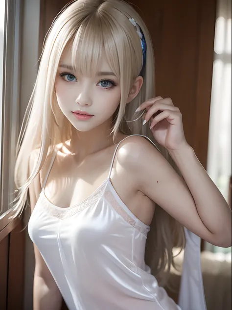 portlate、((silk material:1.3))、bright expression、poneytail、young shiny shiny white shiny skin、best looks、blonde reflected light、...