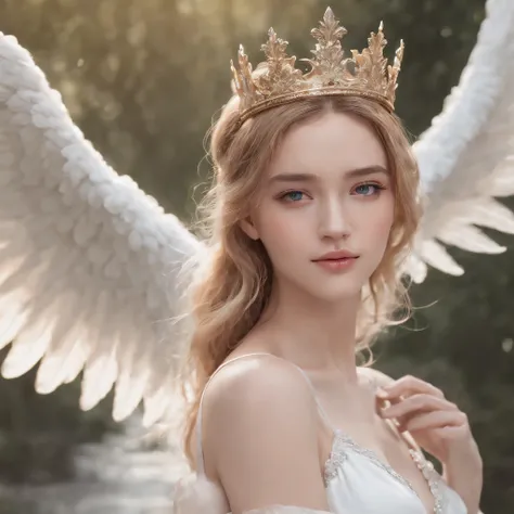 masterpiece, best quality, realistic, 8k, Wearing a crown on the head、Young and Beautiful、Flying in the sky、Breasts are big and sexy、blond hair, blue eyes, At Fed Necklace with Wings, wearing white elegant dress, angelic wings on her back, Beautiful Angel,...