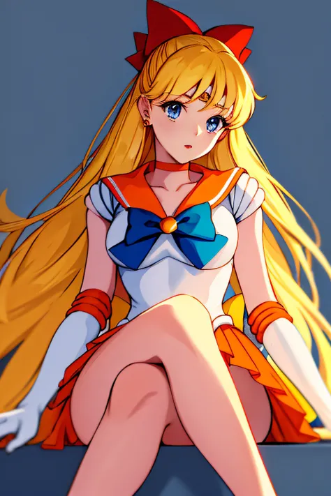 masterpiece, best quality, highres, venus1, 1girl, solo, sailor senshi uniform, sailor venus, aino minako, blonde hair, magical girl, blue eyes, orange skirt, elbow gloves, tiara, pleated skirt, hair bow, orange sailor collar, miniskirt, choker, red bow, o...