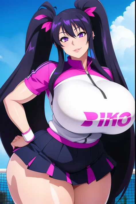 Akeno Himejima, 1girl, (((bimbo))), long blue gray hair, purple eyes, ear rings, (((bimbo))), puffy lips, painted lips, thick lips, smile face, wide hips, thick thighs, huge round ass, huge natural Hitomi Tanaka breasts, tennis outfit, skirt, hand signs