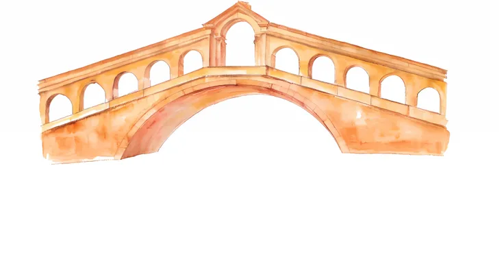 There is a watercolor painting of a bridge with arches, ponte, da vinci style, arco, costas arqueadas, Arcos, ponte curva, inspired by Melozzo da Forlì, ponte velha, architectural painting, Pontes, costas arqueadas, inspirado em Taddeo Gaddi, por Fede Gali...