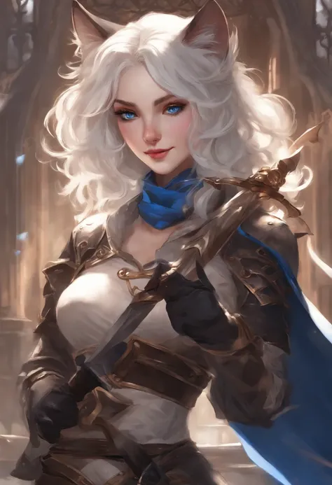 innocent looking rogue cat-girl with white hair and blue eyes, wielding a rapier. she has dumb smile