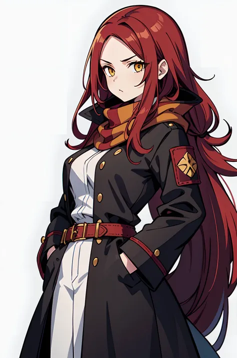 1girl, solo, scarlet red hair, long hair, big hair, forehead, yellow eyes, medium breasts, neutral, shaded face, (hands on pockets:1.2), black mysterious clothes, medieval, coat, scarf, pants, leather clothes, belt, looking at viewer, white background, sim...