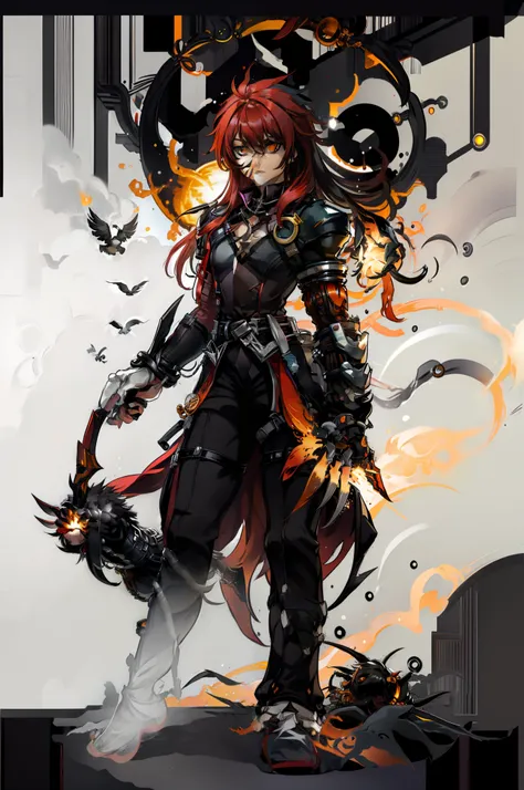 ravenc, 1boy, solo, black hair, long hair, black shirt, single mechanical arm, mechanical arms, bird, crow , raven cronwell, fire, red hair, yellow eyes