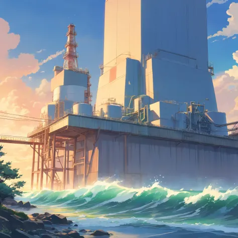 Depicting the Fukushima Nuclear Power Plant, Displays the drain，Dumping of contaminated water into the ocean. Emphasizing the contrast between nuclear power plants and the vast ocean