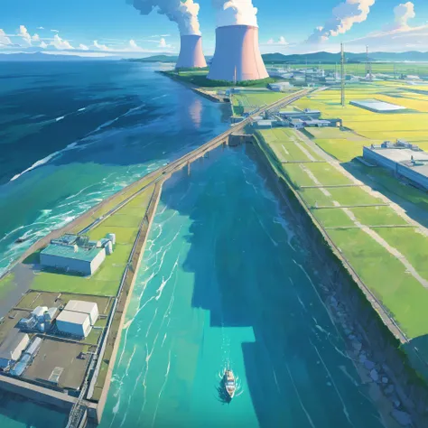 Depicting the Fukushima Nuclear Power Plant, Displays the drain，Dumping of contaminated water into the ocean. Emphasizing the contrast between nuclear power plants and the vast ocean