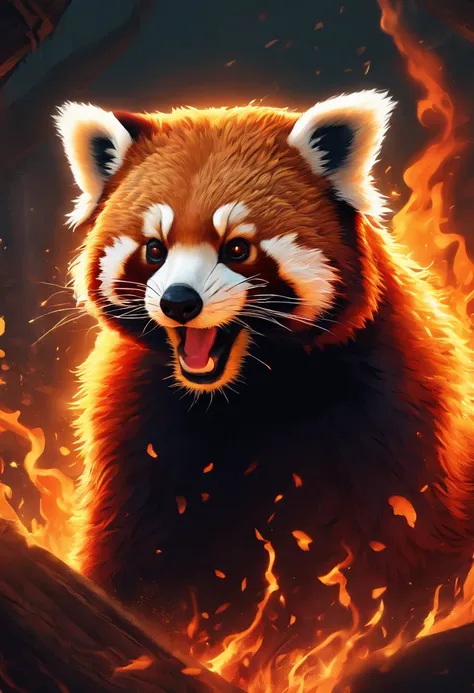 red panda,pokemon,fire powers,flames,burning fur,golden flames,bright red fur,sharp claws,long tail,fire tail,ferocious look,energetic pose,fiery eyes,fierce expression,powerful stance,agile movements,forest background,dappled sunlight,smoke and embers,tow...