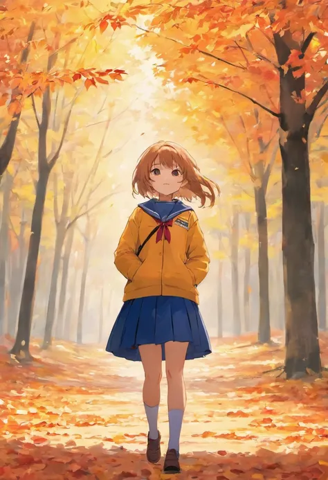 In the autumn park, a high school girl in her uniform is enjoying the sight of fall foliage. Create an image that portrays her in awe of the beauty of the autumn leaves, as if she’s experiencing a memorable moment.