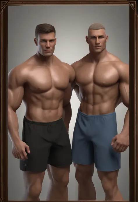 a close up of two men with no shirts on standing next to each other, 3 d daz occlusion, realistic body structure, head and torso only, detailed body and face, muscular character, body meshes, anatomy for sculptors, extreme detailed face and body, muscular ...