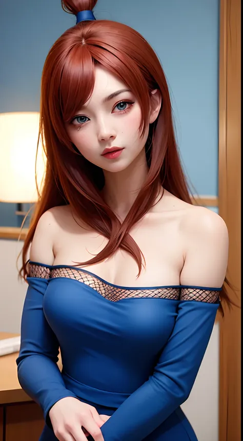 nar_terumi_mei,green eyes,hair over one eye,long hair,large breasts,blue dress,