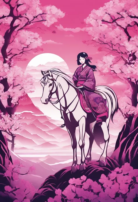 japanese female,riding,armored japanese horse,beautiful detailed eyes,beautiful detailed lips,extremely detailed eyes and face,long eyelashes,traditional japanese clothing,sakura blossoms floating in the background,bamboo forest,majestic mountain range,ill...