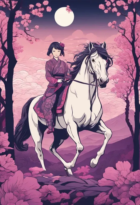 japanese female,riding,armored japanese horse,beautiful detailed eyes,beautiful detailed lips,extremely detailed eyes and face,long eyelashes,traditional japanese clothing,sakura blossoms floating in the background,bamboo forest,majestic mountain range,ill...