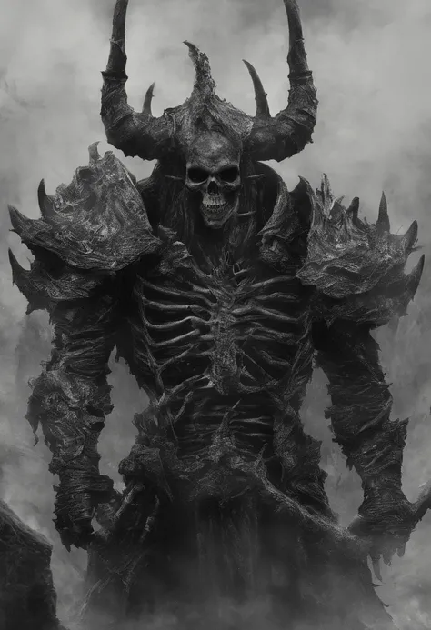 devil horns，Claws，battleaxe，Spooky environment，dentes pontiagudos，Berserker，full bodyesbian，Powerful aura，A strong sense of oppression，incredibly detailed，Red-eyed skeleton，The flames of hell are raging，Skeleton Legion，Ultra photo realsisim