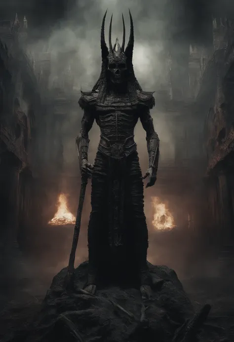 Spooky environment，Anubis，full bodyesbian，Powerful aura，A strong sense of oppression，incredibly detailed，The flames of hell are raging，Skeleton Legion，Ultra photo realsisim