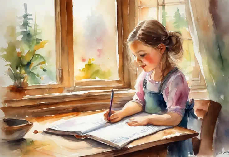 Girl writing in notebook by the window in classroom、soio、校服、６Year old girl、schools、