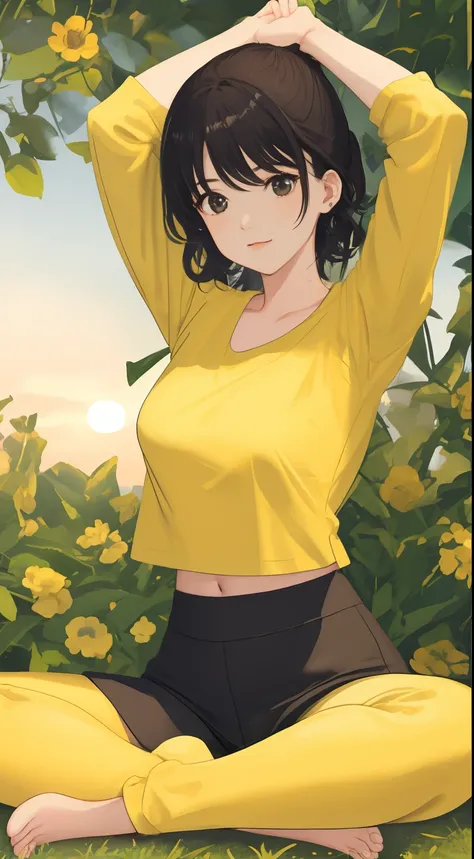 a girl doing Yoga in the backyard, yellow t-shirt, black leggings, short brown hair, light eyes, green backyard with flowers, high quality, beautiful girl, detailed body, great art, an extremely delicate and beautiful look, high contrast, best illumination...