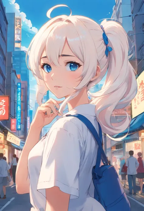 White color hair，Double ponytail curls，blue color eyes，White Lolita，Beth，A bustling city street