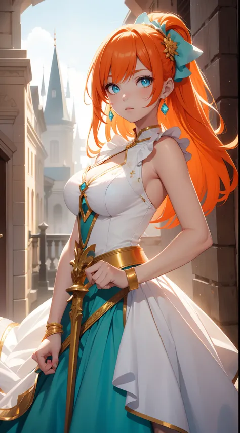 young girl, llong orange hair, Cyan eyes, white fencing dress, Sleeveless, open breasts, long skirt, sword, Gold Elements, gems, Masterpiece, hiquality